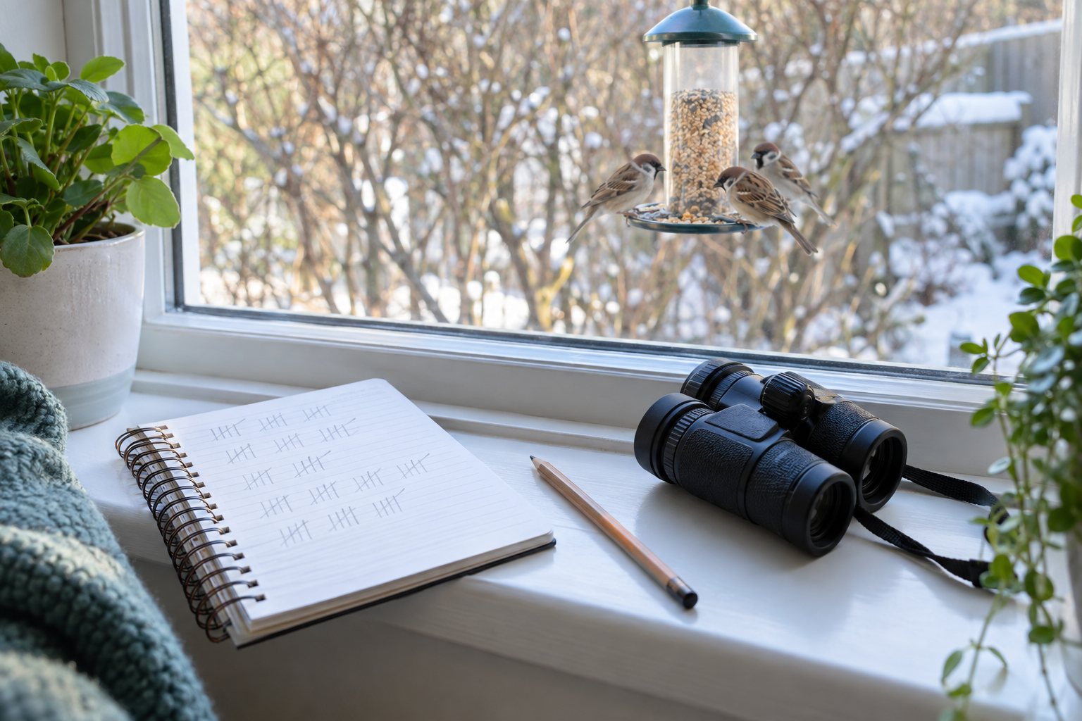A notebook of pencil tally marks and a pair of binoculars on a windowsill, with sparrows at a bird feeder outside.