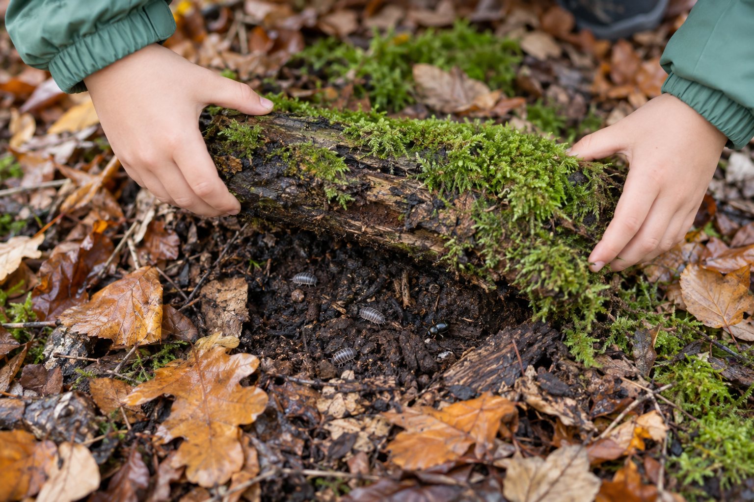 A child's hands gently lowering a rotting log back onto the leaf litter, with woodlice underneath.