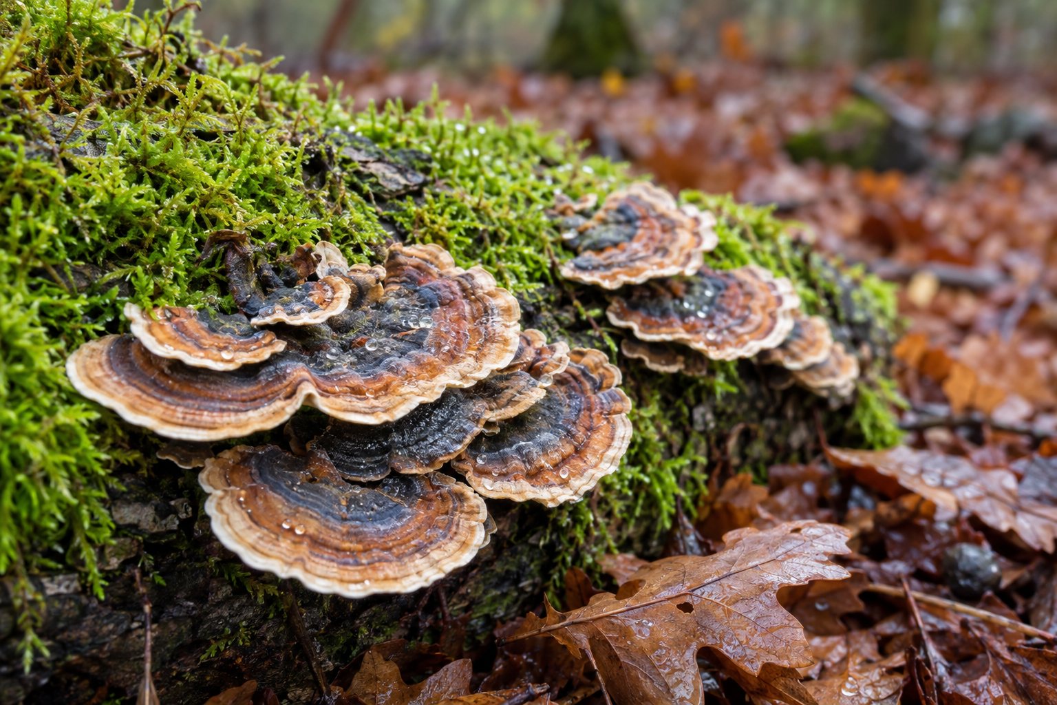 A turkey tail bracket fungus in wavy bands of brown, cream and gray, growing on a mossy log.