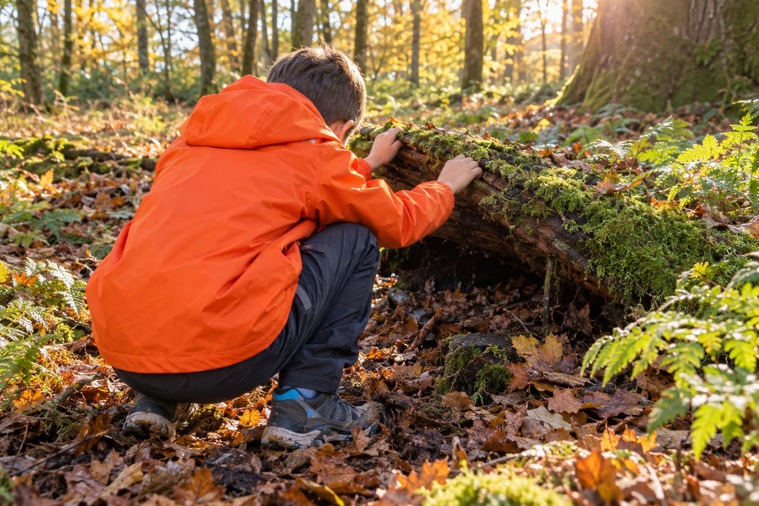 A boy in a bright orange rain jacket, seen from behind, lifting the edge of a mossy log in a sunlit fall wood to peek underneath.