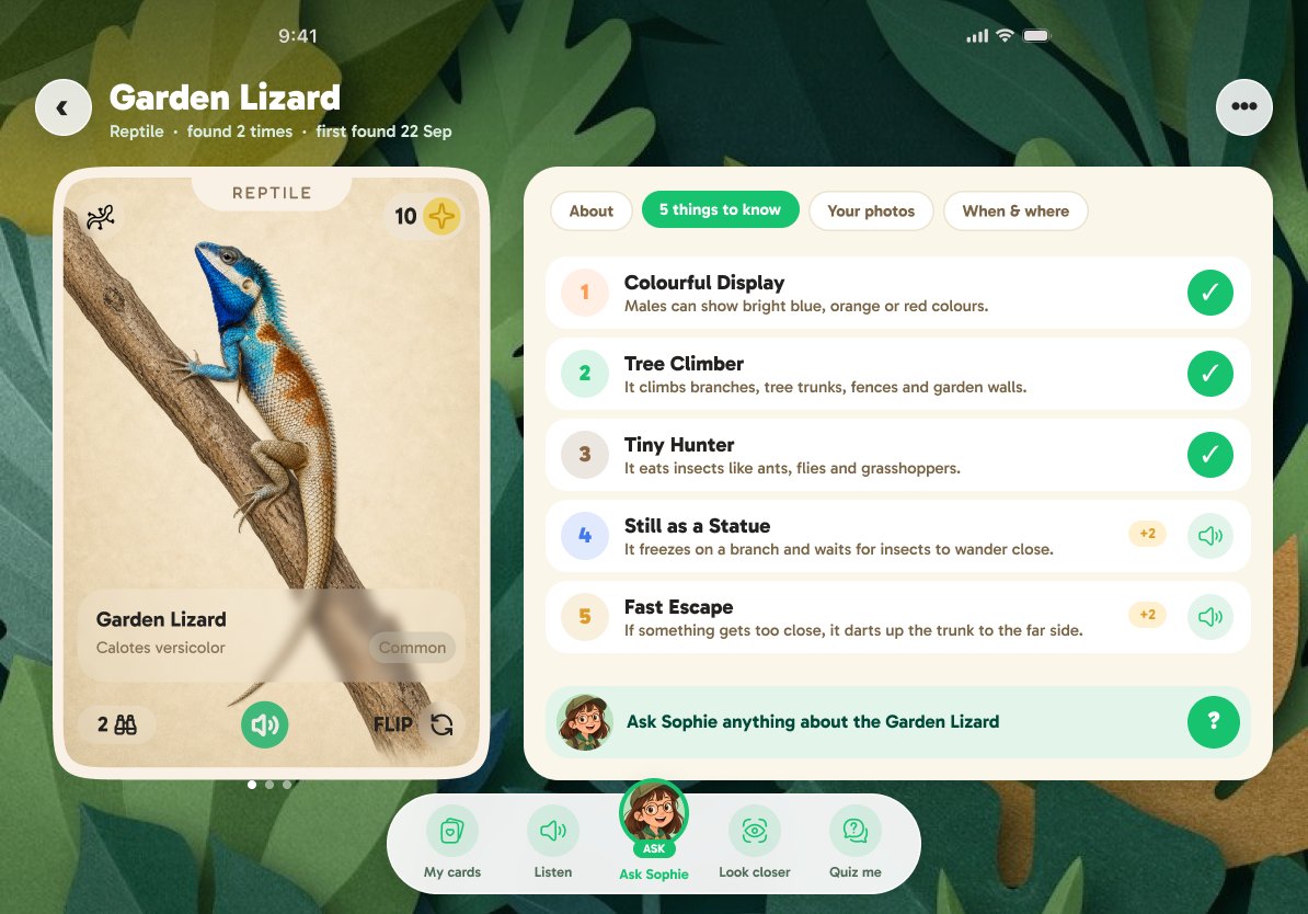 A Discovery Card on a tablet: the Garden Lizard's painting on the left, and on the right five things to know, each with a tick once heard, and a strip that says "Ask Sophie anything about the Garden Lizard"