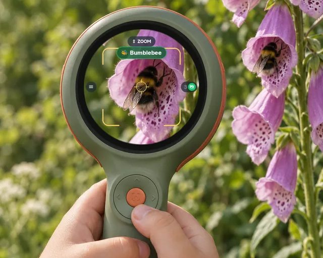 Small hands hold Scout up to a bumblebee in a foxglove; the round screen shows the bee and the word Bumblebee