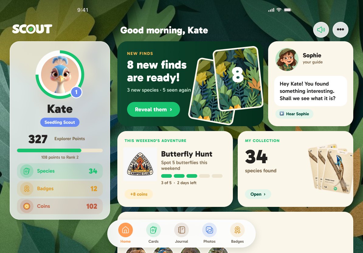 The Scout HQ home screen on a tablet: the child's avatar and points on the left, "8 new finds are ready!" in the middle, a message from their guide, a weekend butterfly challenge and their collection of 34 species