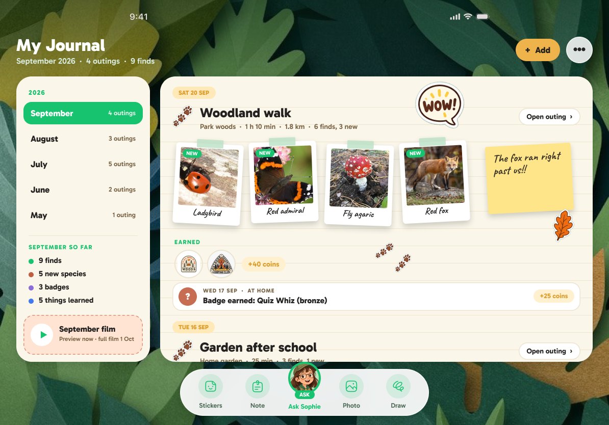 The nature journal on a tablet: a month list on the left, and on the right a "Woodland walk" page with photos of a ladybird, a red admiral, a fly agaric and a red fox, a "WOW!" sticker, a handwritten note saying "The fox ran right past us!!" and the badges earned