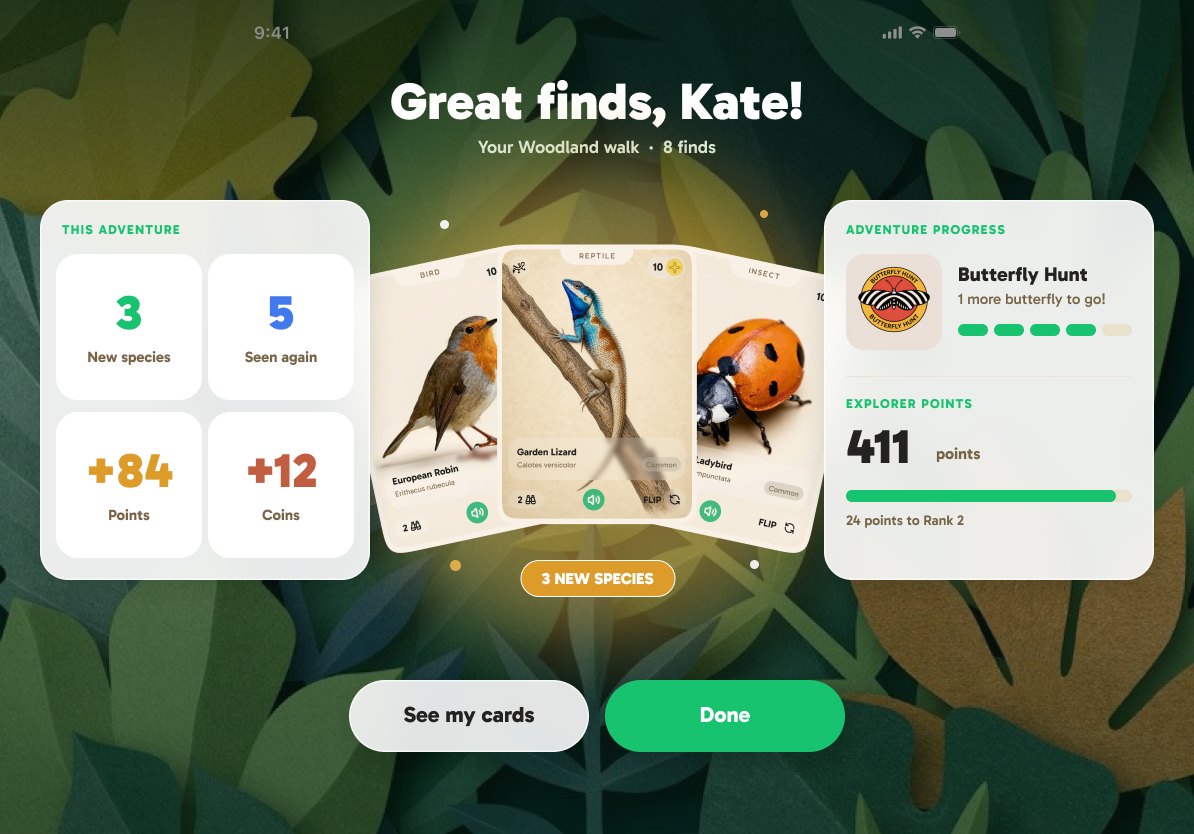 The end of a reveal: "Great finds, Kate!", three new species and five seen again, points and coins earned, a fan of three cards, and progress towards a butterfly challenge