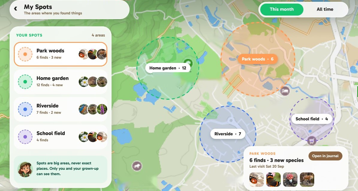 The My Spots map on a tablet: soft coloured circles over a real map, each one a spot like "Home garden" or "Park woods" with a count of finds, and a list of spots down the side