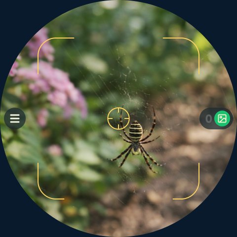 Scout's round viewfinder: gold corner brackets framing a striped spider on its web in front of a flower bed, a round menu button on the left and a photo counter on the right