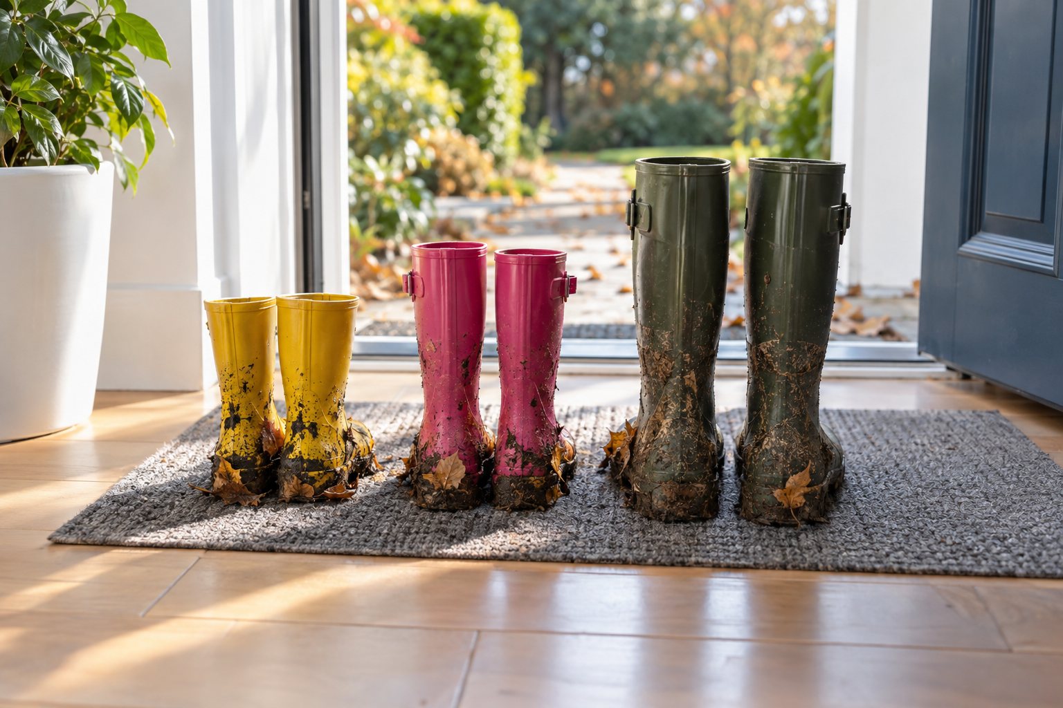 A family's muddy wellies in bright colours lined up on a doormat inside the front door of a light, modern home.