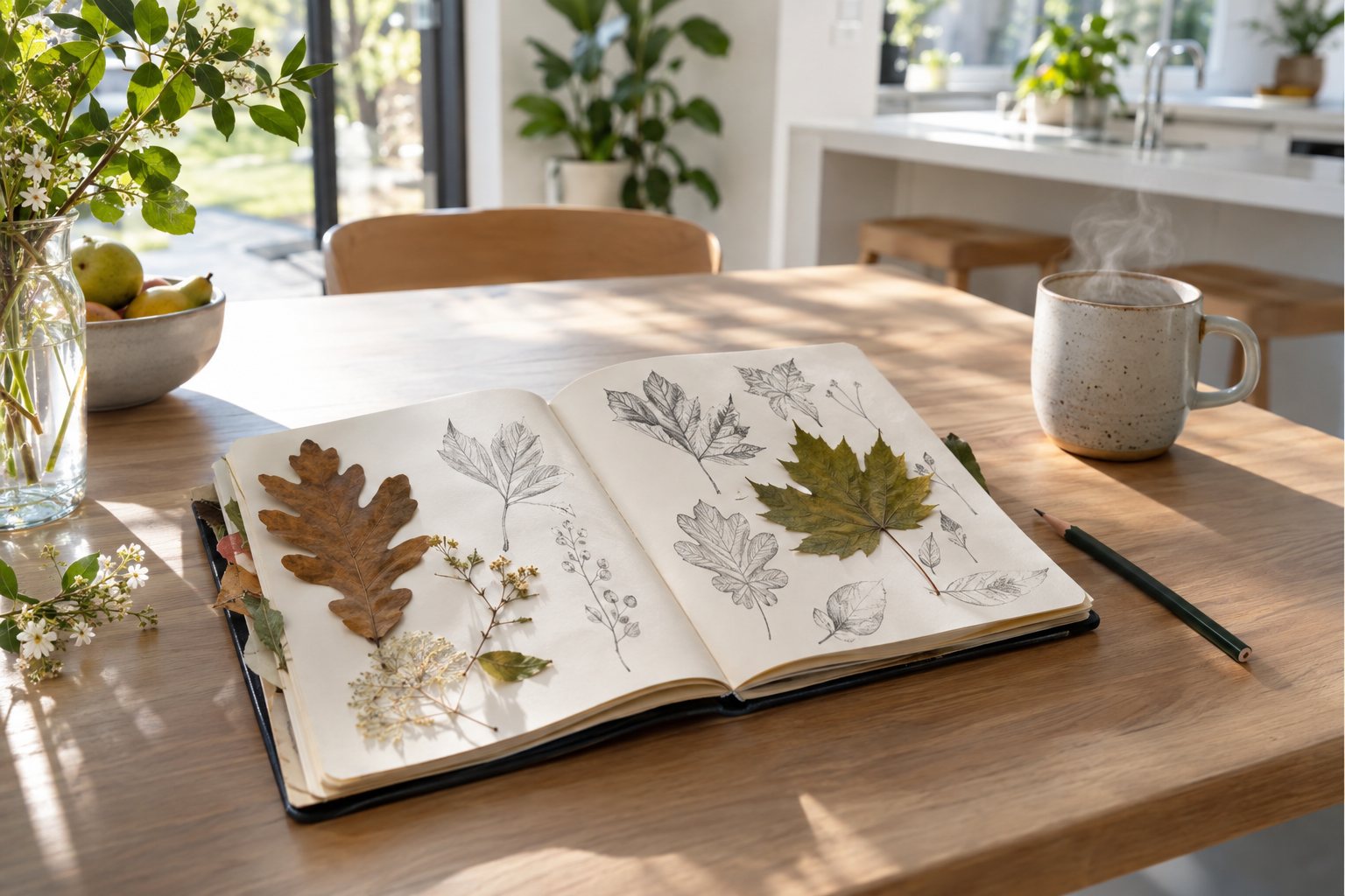 An open nature journal with leaf sketches and pressed leaves on a pale wooden table in a bright modern kitchen.