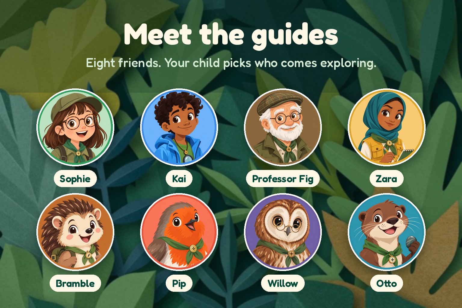 All eight Scout guides in a jungle-green frame: Sophie, Kai, Professor Fig, Zara, Bramble the hedgehog, Pip the robin, Willow the owl and Otto the otter.