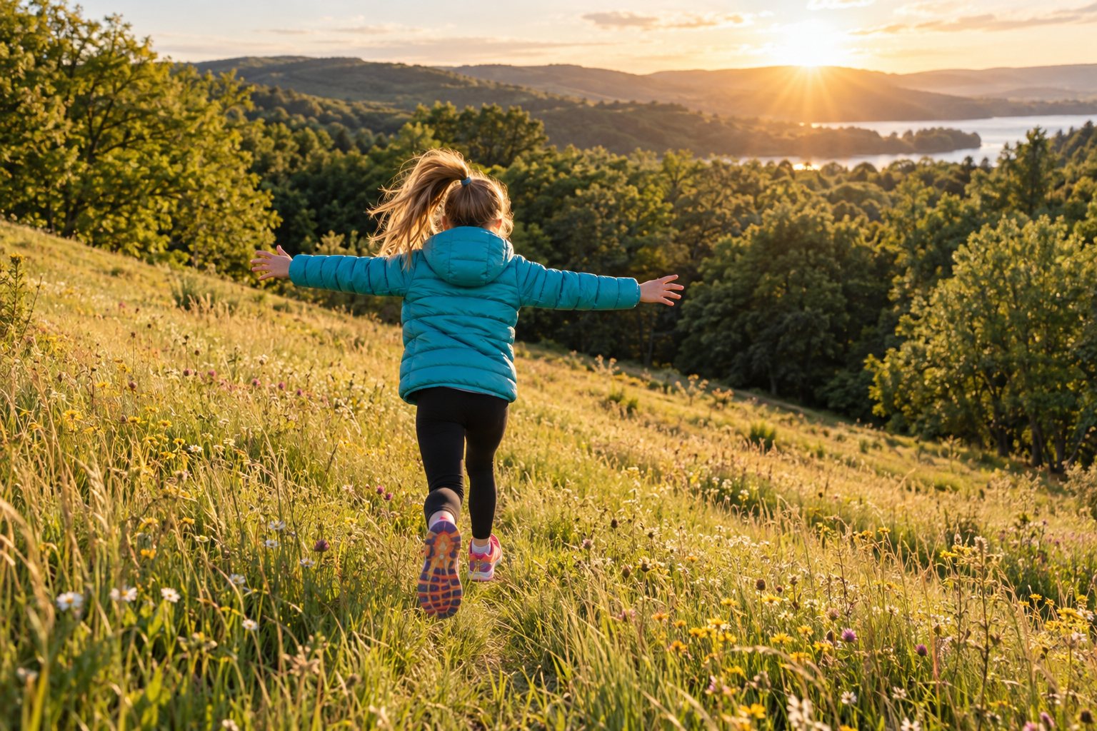 A girl in a teal puffer jacket, seen from behind, running down a golden hillside meadow at sunset, arms flung wide.