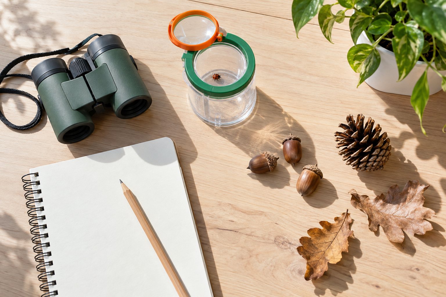 Compact binoculars, a bug viewer with a magnifying lid, a notebook, acorns and oak leaves on a pale wooden table.