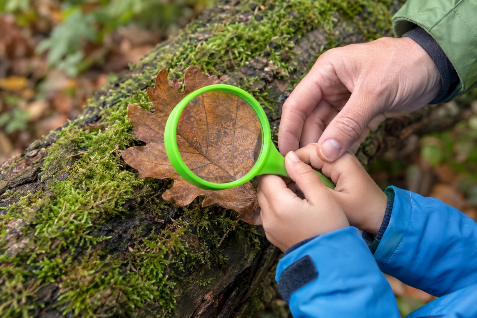 A grown-up's hand and a child's hand holding a green hand lens together over an oak leaf on a mossy log.