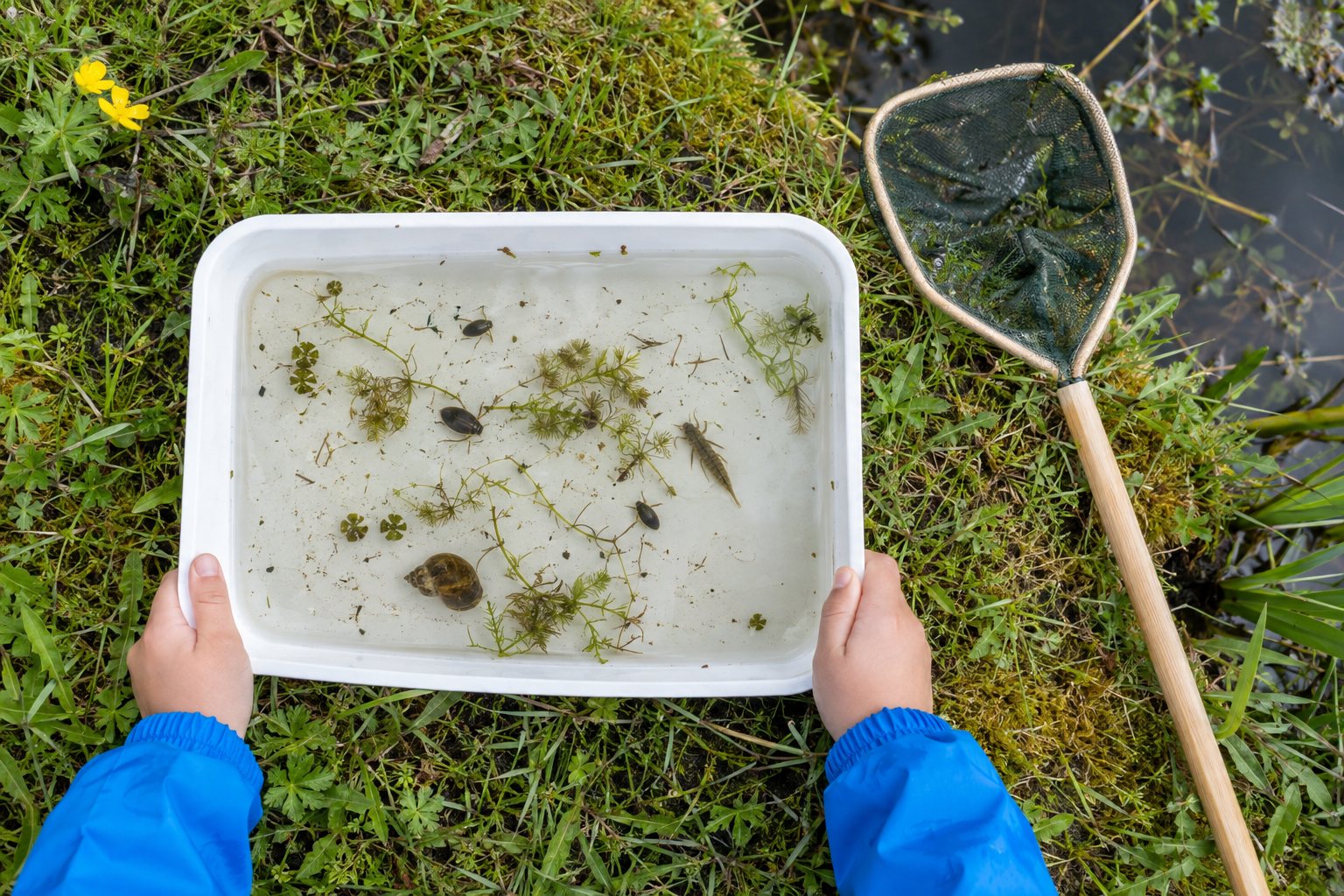 A child's hands holding a white tray of pond water with small creatures swimming in it, beside a pond net on the grass.