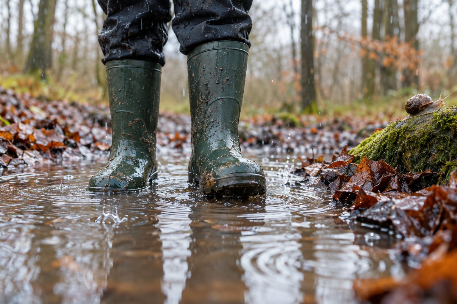A child's muddy rain boots standing in a rippling puddle on a wet woodland path.