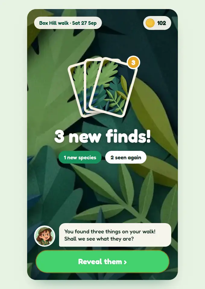 A looping demo of the Scout app's reveal: three new finds, a new-species card, then points and coins