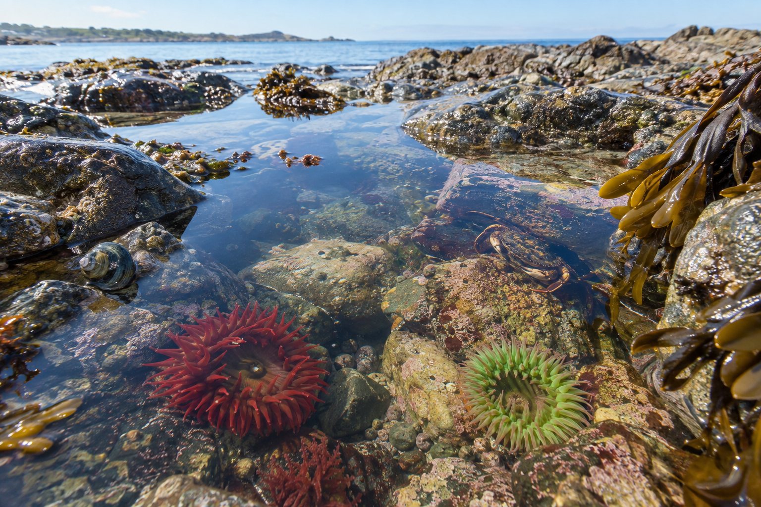 A clear tide pool at low tide with red and green anemones, a small crab and seaweed on the rocks around it.