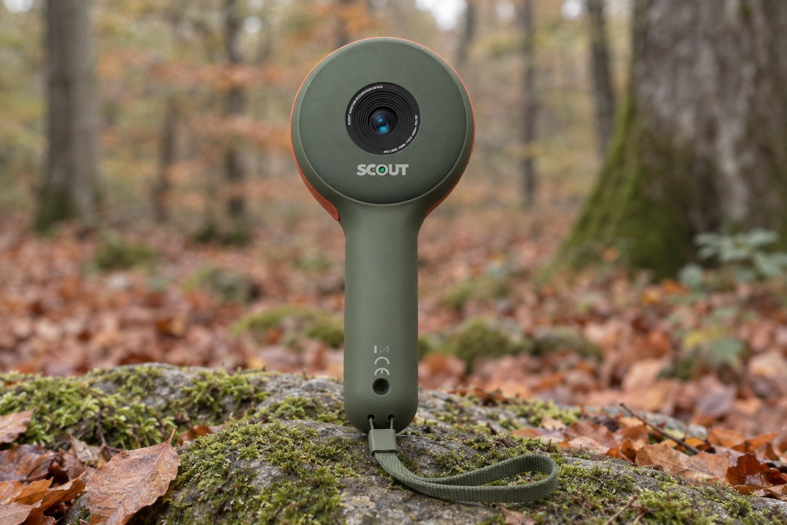 A render of Scout standing on a mossy stone in a beech wood, lens facing the camera