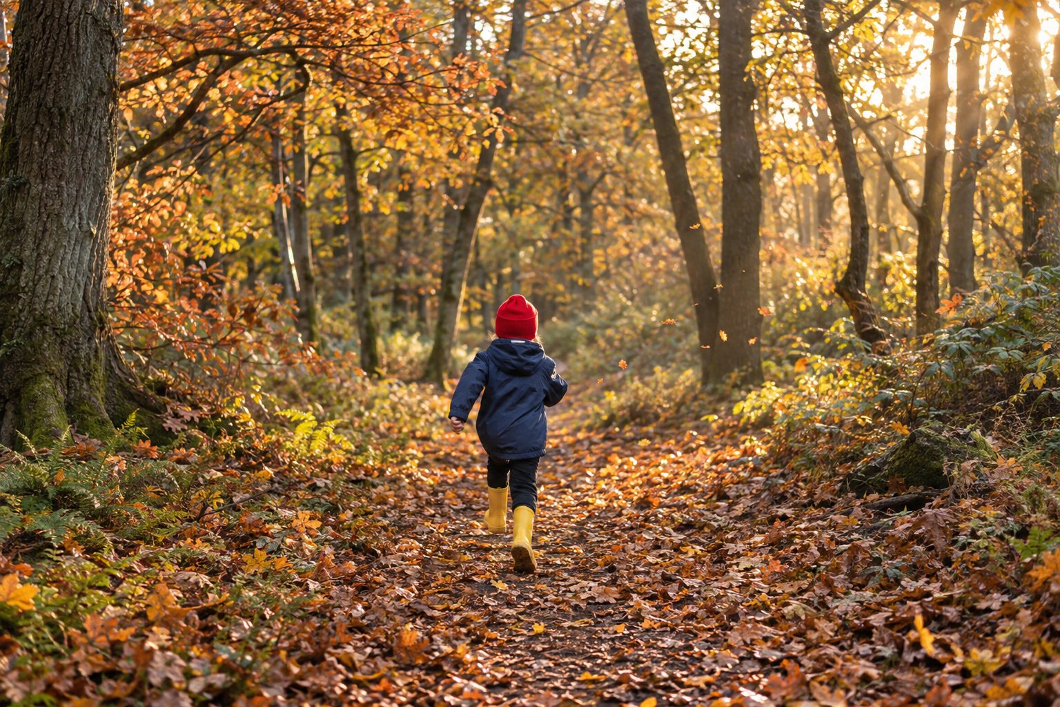 A child in a red beanie and yellow wellies, seen from behind, running down a leafy woodland path in fall sunshine.