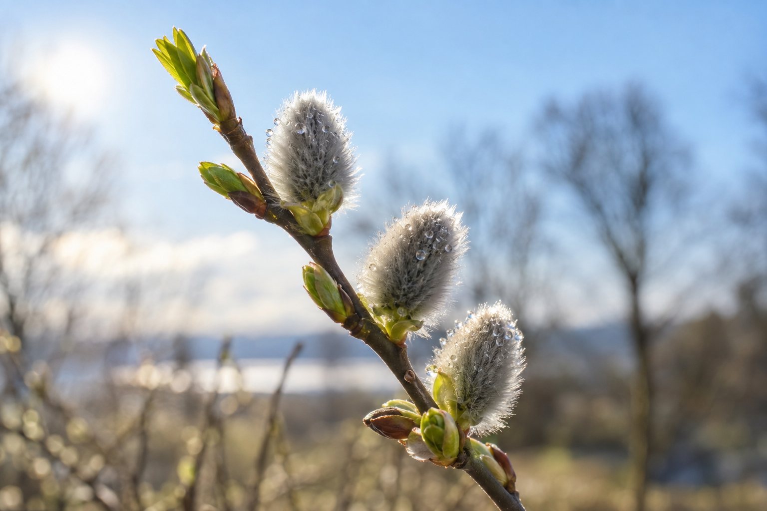 Close-up of a bare twig with fuzzy catkins and fresh green buds against a soft, sunny background.