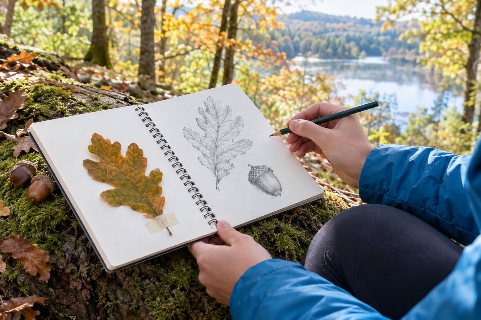 Hands sketching an oak leaf and an acorn in a notebook on a mossy log, with a pressed leaf taped to the page.