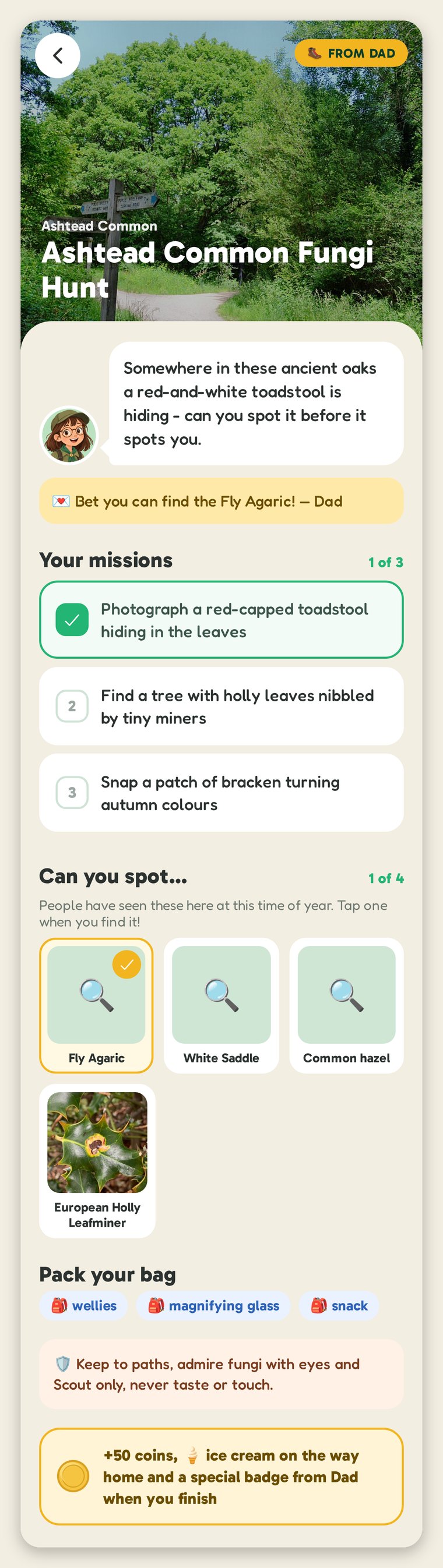 The child's walk page: their guide's line, Dad's note, missions to tick off (1 of 3 done), "Can you spot…" with Fly Agaric ticked, what to pack, a safety line and the reward