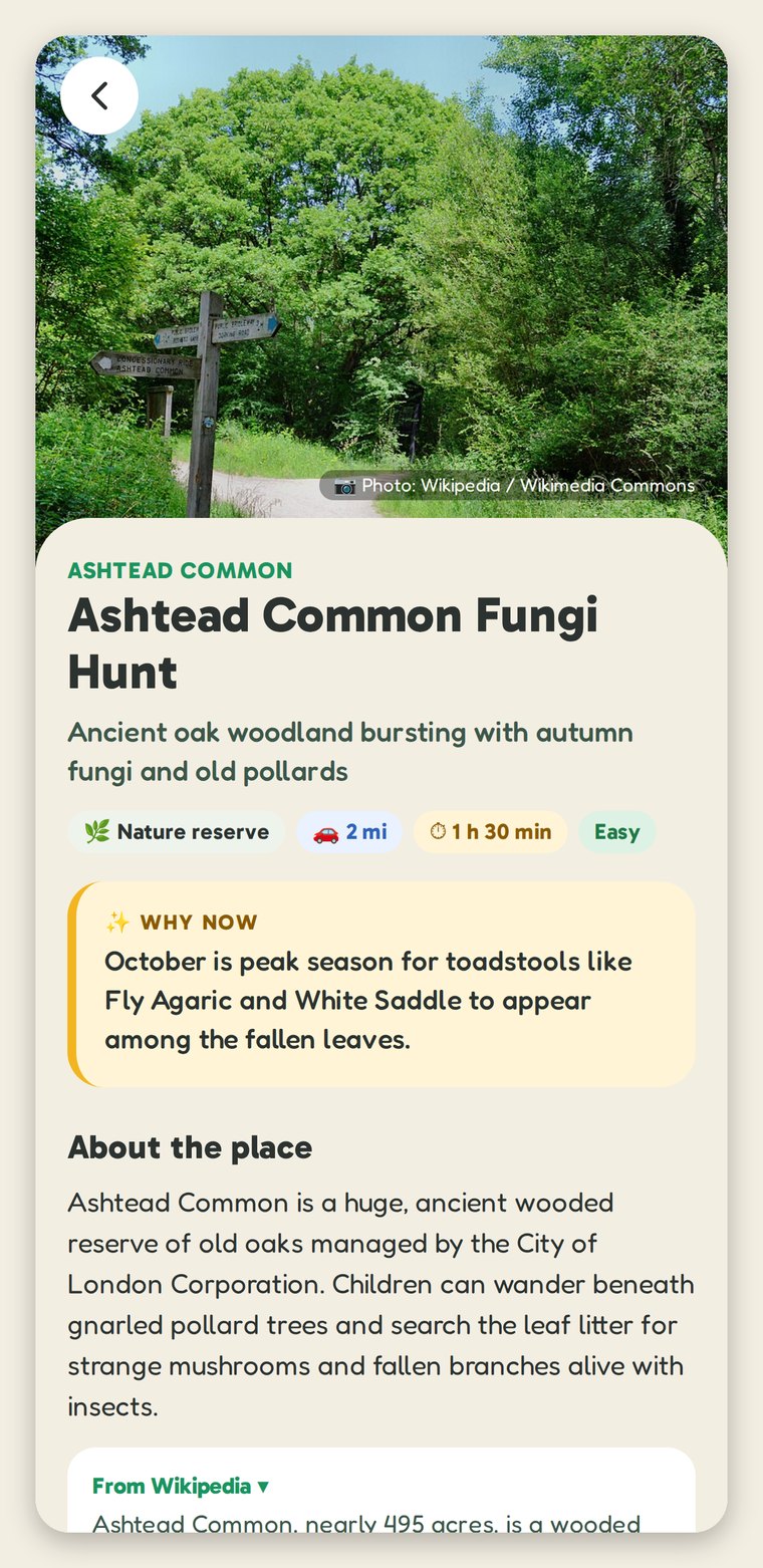 A walk to read: Ashtead Common Fungi Hunt, with a photo of the woodland path, why now ("October is peak season for toadstools like Fly Agaric and White Saddle"), about the place, and three missions