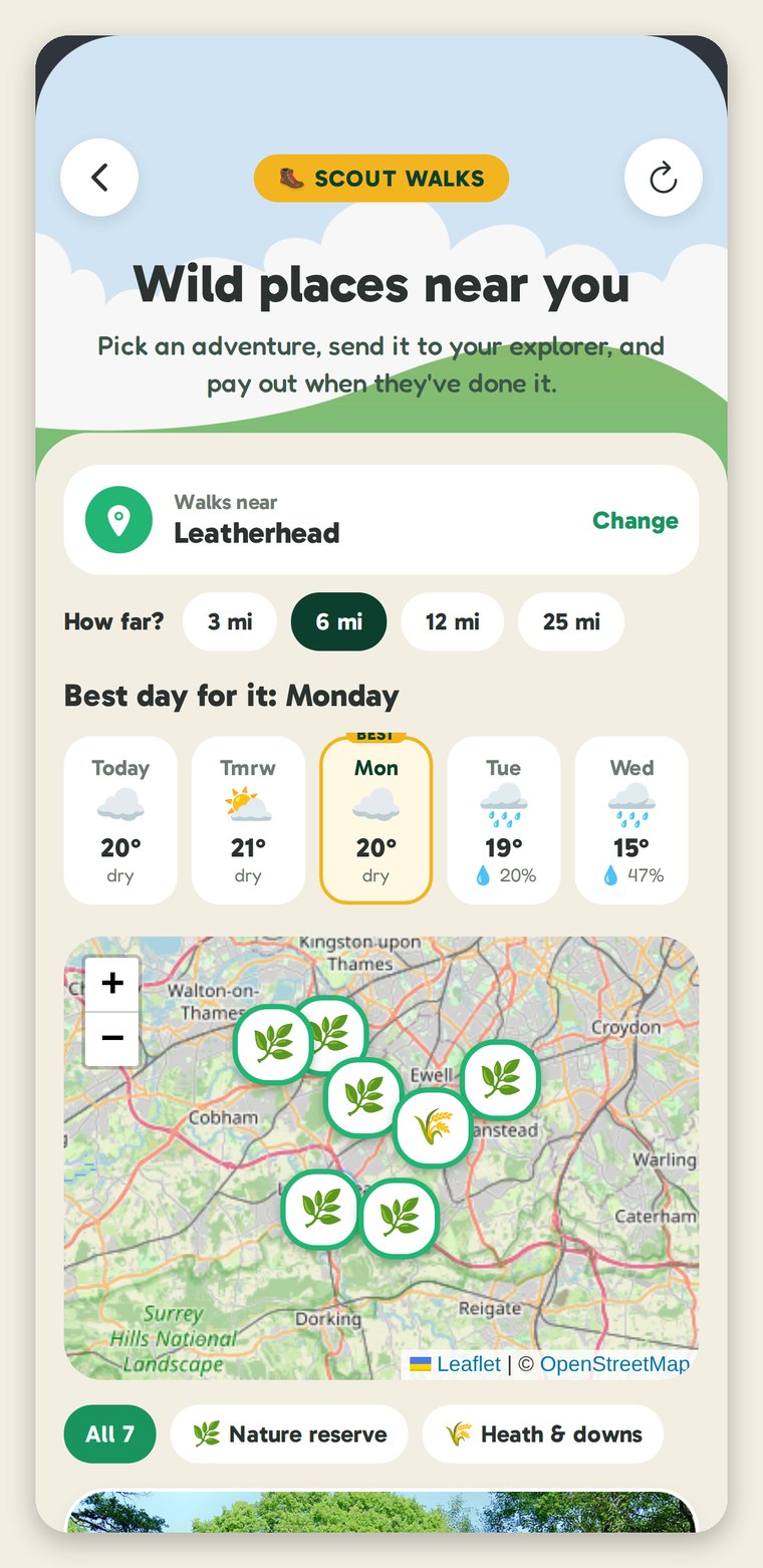 The Scout Walks screen: "Wild places near you" near Leatherhead, how far (3, 6, 12 or 25 miles), the week's weather with Monday marked as the best day, and a map with seven wild places pinned