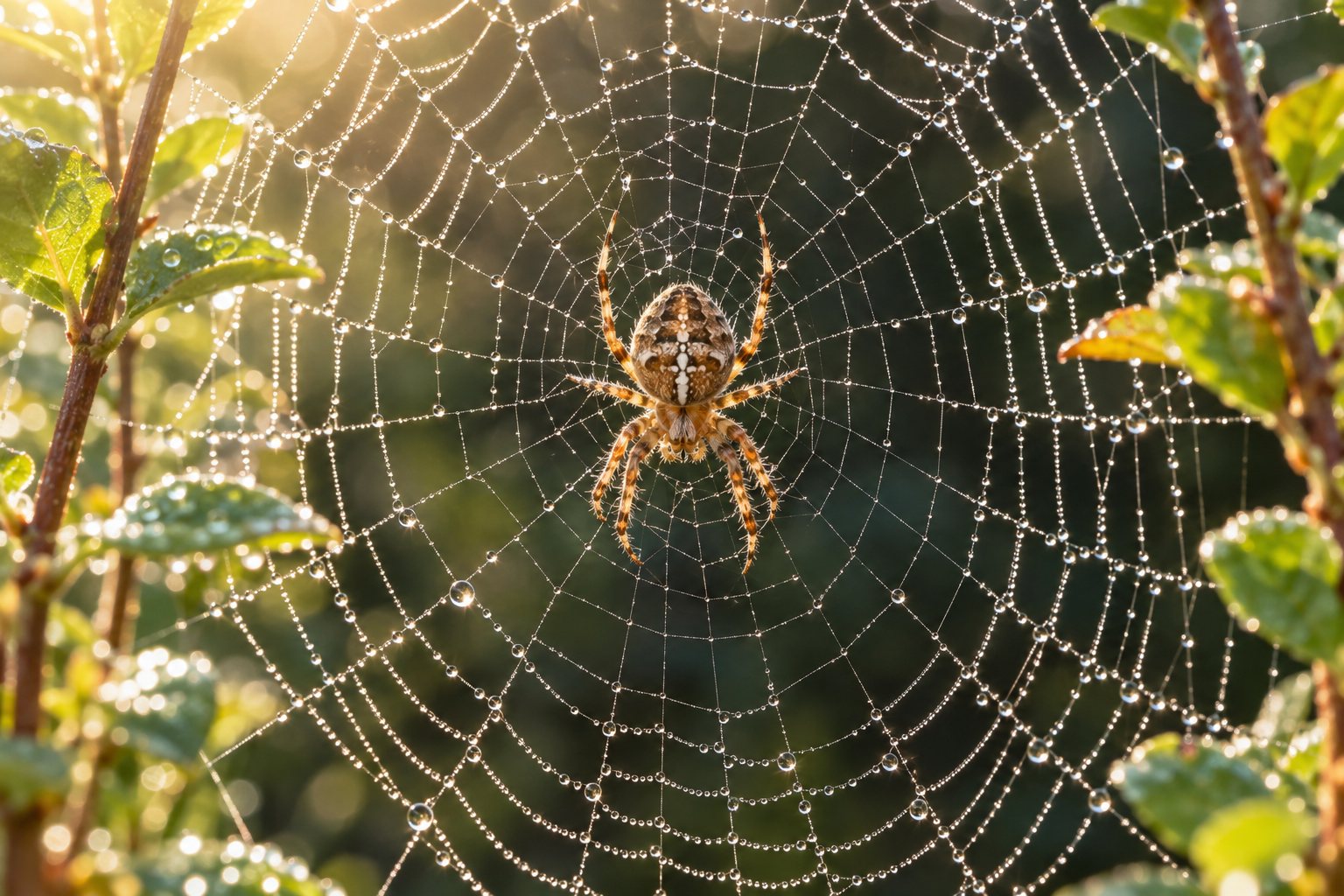 A garden orb-weaver spider sitting in the middle of its round web, the silk covered in tiny drops of dew.