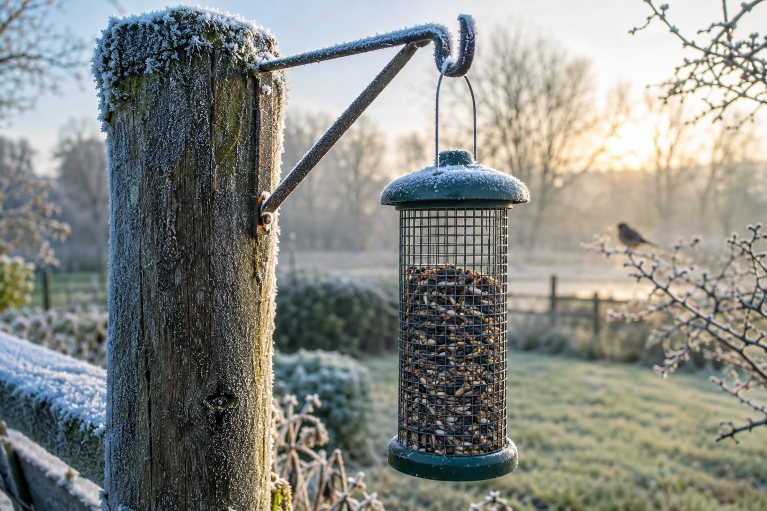 A frosty backyard fence with a hanging bird feeder and a small bird blurred in the background.
